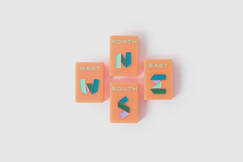 May include: Four rectangular orange tiles arranged in a cross shape, each labeled with a cardinal direction: NORTH, SOUTH, EAST, and WEST. Each tile features a stylized, multi-colored geometric letter representing the direction in shades of teal, blue, and lavender.