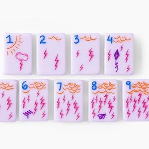 Pu&ograve; includere: Nove tessere rettangolari color viola chiaro disposte su due file. Ogni tessera presenta un numero blu da uno a nove, contorni di nuvole arancioni e illustrazioni di fulmini rosa. Alcune tessere includono icone aggiuntive come un sole, un aquilone e un aeroplanino di carta.