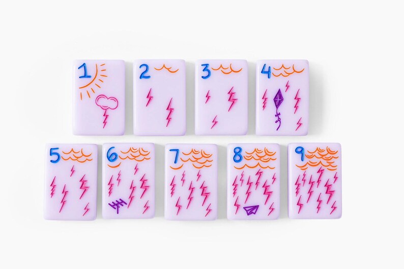 Pu&ograve; includere: Nove tessere rettangolari color viola chiaro disposte su due file. Ogni tessera presenta un numero blu da uno a nove, contorni di nuvole arancioni e illustrazioni di fulmini rosa. Alcune tessere includono icone aggiuntive come un sole, un aquilone e un aeroplanino di carta.