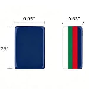 May include: Two rectangular tiles. The left tile is solid dark blue, measuring 0.95 inches wide by 1.26 inches high. The right tile features vertical stripes of white, green, red, and dark blue, with a width of 0.63 inches.