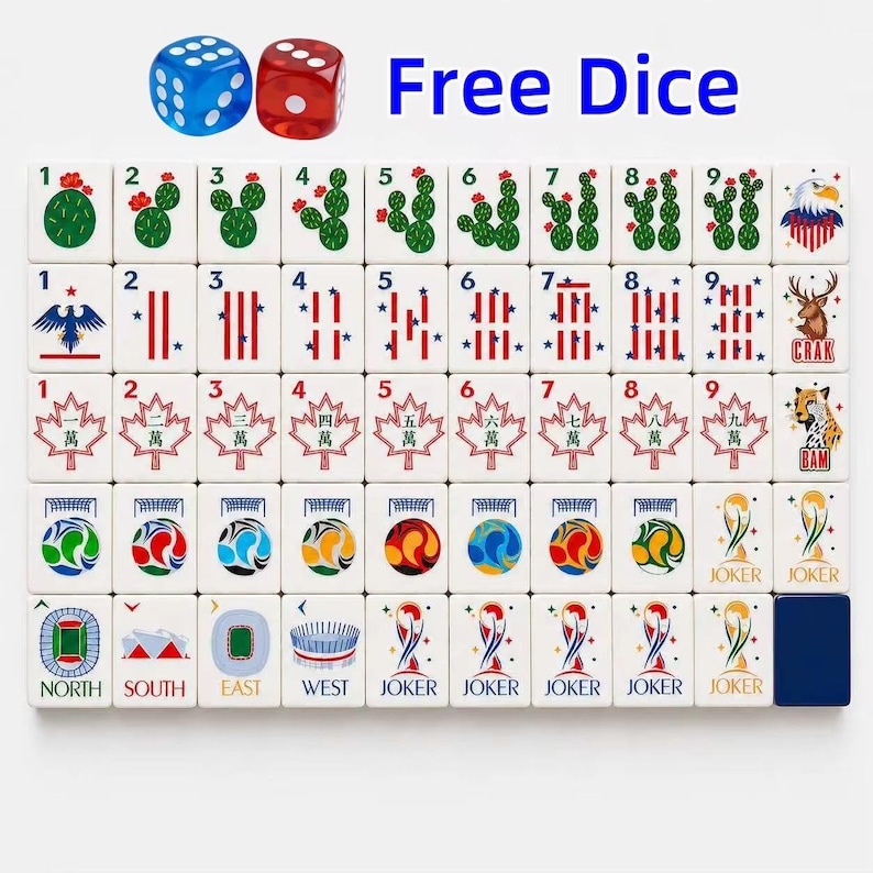 May include: A set of white mahjong tiles arranged in a grid, featuring colorful illustrations of cacti, eagles, deer, maple leaves, soccer balls, stadiums, and joker symbols. The text "Free Dice" appears above two translucent blue and red dice.