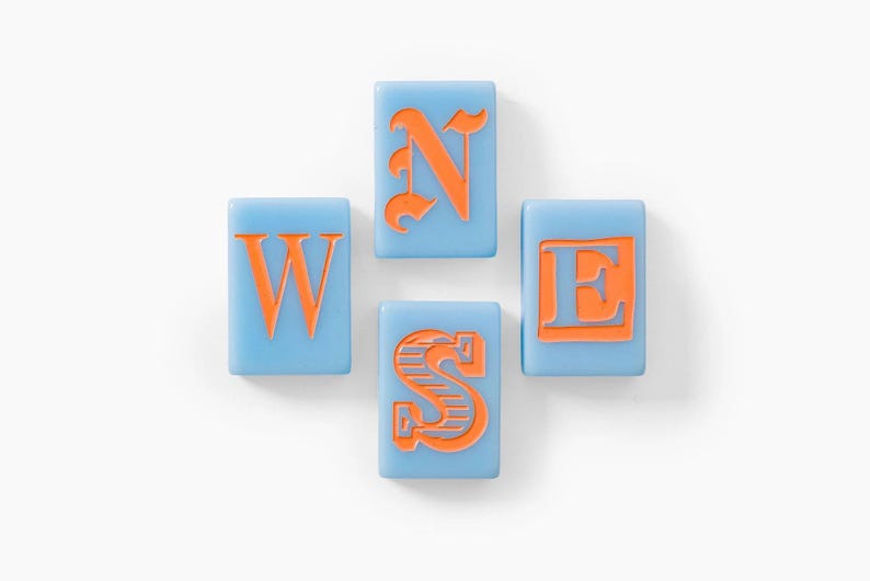 Puede incluir: Cuatro baldosas rectangulares de color azul claro dispuestas en forma de cruz. Cada baldosa presenta una letra naranja en relieve. Las letras son N, W, S y E, que representan los puntos cardinales, con cada letra en un estilo de fuente distinto.