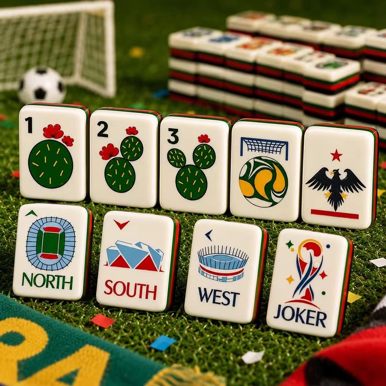 May include: A set of white rectangular mahjong tiles featuring colorful illustrations of cacti, soccer balls, stadiums, and an eagle. The tiles are labeled with numbers 1, 2, 3, and the words NORTH, SOUTH, WEST, and JOKER, arranged on a green surface.