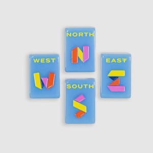 May include: Four rectangular light blue tiles arranged in a cross shape. Each tile features a yellow compass direction label: NORTH, SOUTH, EAST, and WEST. Below each label is a stylized letter N, S, E, or W constructed from colorful geometric shapes.