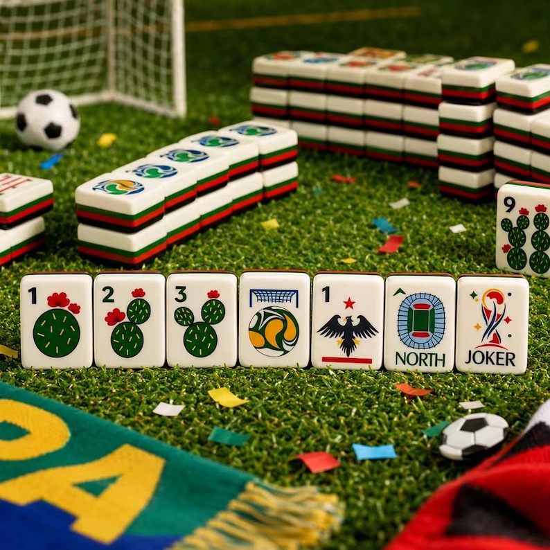 May include: A set of white mahjong tiles featuring green cactus illustrations, soccer balls, a stadium, an eagle, and a Joker tile. The tiles are arranged on a green surface with a small soccer ball and a goal net visible in the background.