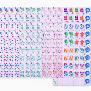Pu&ograve; includere: Un set di tessere rettangolari bianche da mahjong disposte in una griglia, caratterizzate da grafiche stampate colorate che includono i numeri da uno a nove, palloncini, fulmini, fumetti in stile comico con il testo BAM e varie altre icone.
