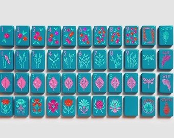 American Mahjong Set of 160 Tiles Teal Botanical Garden Lucky Asian Design Cute Luxury Tiles For Game Lovers