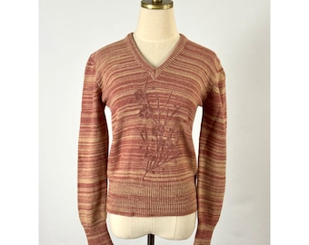 Vintage 70s 80s Dusty Pink Stripe Floral Embroidered V-Neck Sweater // Cottagecore