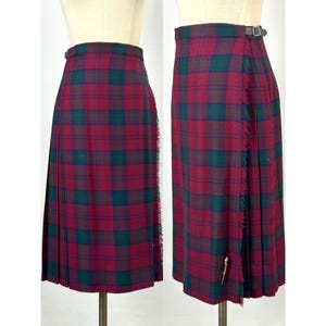Vintage Edinburgh Woolen Mill 100% Wool Tartan Plaid Kilt Wrap Skirt with Pin & Buckle Waist // Red and Green, Christmas, Holiday, Scottish
