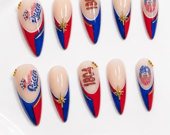 Uñas postizas con la bandera haitiana / Rojo, azul y dorado, lujosas, personalizadas, longitud XL