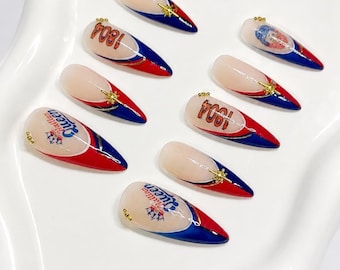Uñas postizas estilo stiletto inspiradas en el Día de la Bandera Haitiana – Set de uñas azul y rojo inspirado en 1804