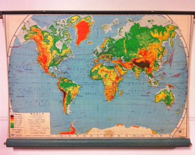 Vintage Pull Down Canvas School World Map Etsy
