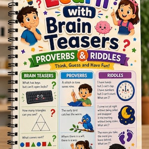 Op de afbeelding: Een spiraalgebonden activiteitenboek getiteld Learn with Brain Teasers Proverbs & Riddles. De kaft bevat kleurrijke illustraties van kinderen, een gloeilamp, een brein en educatieve inhoud waaronder hersenkrakers, spreekwoorden en raadsels.
