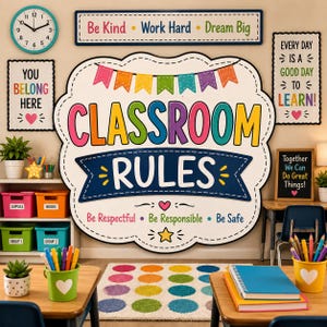 May include: A classroom wall display featuring a large central sign reading CLASSROOM RULES with colorful text and bunting. Surrounding signs include Be Kind Work Hard Dream Big, You Belong Here, and Every Day Is A Good Day To Learn.