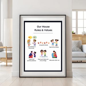 May include: A framed print displaying "Our House Rules & Values" with illustrations of children demonstrating good behaviour. Phrases include "Use manners & kind words" and "Help each other out."