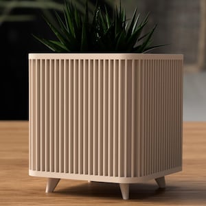 Peut inclure: Un pot carré beige avec des lattes verticales et de petits pieds effilés. Le pot contient une plante verte vibrante avec de longues feuilles pointues. Le pot est posé sur une surface en bois.