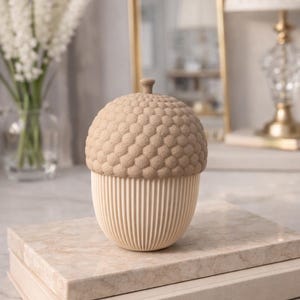 May include: A decorative acorn-shaped object with a textured, beige cap and a ribbed, cream-colored base. The acorn is displayed on a stack of books with a marble-like surface, suggesting a home decor item. The background includes a mirror, lamp, and flowers.