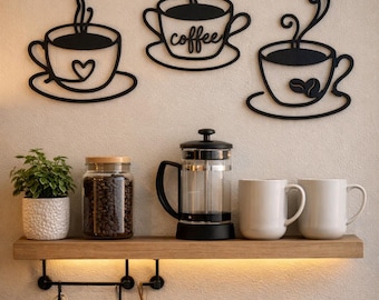 Minimalistyczny zestaw filiżanek do kawy | Dekoracja ścienna | Nowoczesna grafika kuchenna | Znak na stację do kawy | Plastikowa zawieszka ścienna drukowana w 3D