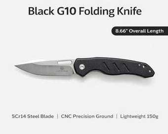 Black G10 Folding Knife, 5Cr14 Stainless Steel Blade Pocket Knife, Lightweight Outdoor Utility EDC Knife Gift for Men