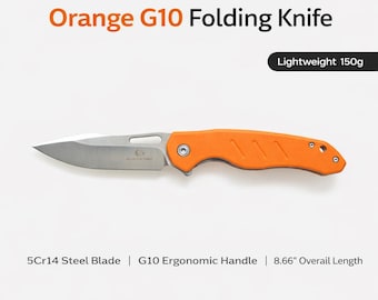 Orange G10 Handle Folding Knife, 5Cr14 Steel Blade Outdoor Utility Pocket Knife, Lightweight Camping EDC Knife Gift for Him