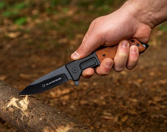 Tactical Folding Knife: Blackened Steel Blade, Red Sandalwood Handle