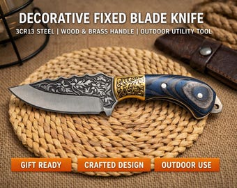 Decorative Fixed Blade Knife – 3CR13 Steel, Colored Wood & Brass Handle, Outdoor Utility Tool, Gift Ready