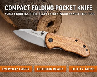 Compact Folding Pocket Knife – 3CR13 Stainless Steel Blade, Zebra Wood Handle, Everyday Carry Outdoor Utility Tool