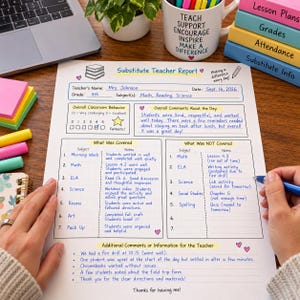 Può includere: Un modulo stampato di rapporto per insegnante supplente compilato con scrittura a mano in inchiostro blu. Il documento include sezioni per nome dell'insegnante, data, comportamento, materie trattate e non, decorato con piccoli cuori rosa.
