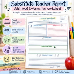 May include: A white paper worksheet titled Substitute Teacher Report Additional Information with sections for Technology Issues, Unusual Events, Communication, Questions From Students, and Follow-ups For Teacher, featuring icons and lined spaces for writing.
