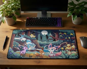 XXL Kawaii Pokémon Mouse Pad, Eevee, Vaporeon, Jolteon, Umbreon, Espeon, Sylveon, Glaceon, Mouse Pad, Desk, Gaming, Setup