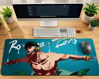 XXL Zoro One Piece mouse pad, immersive design, smooth surface for gaming and work, non-slip base, gaming desk accessory