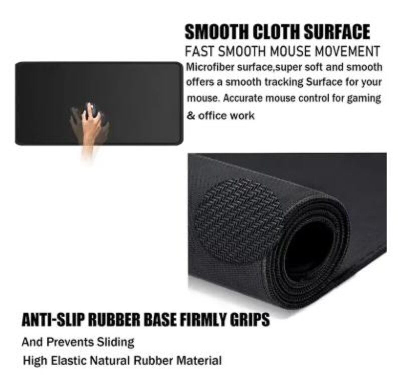 May include: Black rectangular mouse pad with the text "SMOOTH CLOTH SURFACE" and "FAST SMOOTH MOUSE MOVEMENT". The pad has an anti-slip rubber base and is designed for smooth mouse tracking. The image shows a hand using a mouse on the pad.