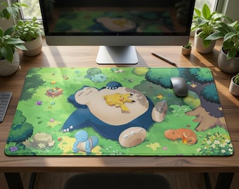 XXL Pokémon Snorlax Mouse Pad, featuring Pikachu, Squirtle, Charmander, and Bulbasaur, colorful design, gaming, mouse pad, desk mat, Pokémon