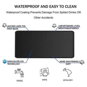 May include: A black rectangular desk mat with the text "WATERPROOF AND EASY TO CLEAN". Features include "LEATHER LINED THE FIRST BEAM", "LMPORTSMORE LYCRA BREATHABLEFABRICS", and "NANO-SILVER ION TECHNOLOGY". Icons show how to "RINSE", "WIPE", and "SPIN-DRY".
