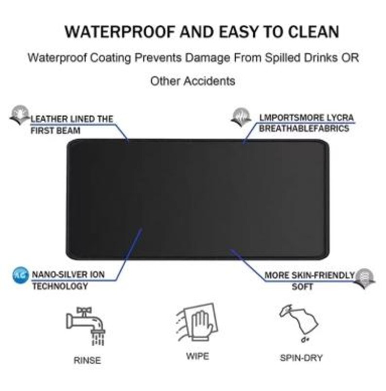 May include: A black rectangular desk mat with the text "WATERPROOF AND EASY TO CLEAN". Features include "LEATHER LINED THE FIRST BEAM", "LMPORTSMORE LYCRA BREATHABLEFABRICS", and "NANO-SILVER ION TECHNOLOGY". Icons show how to "RINSE", "WIPE", and "SPIN-DRY".