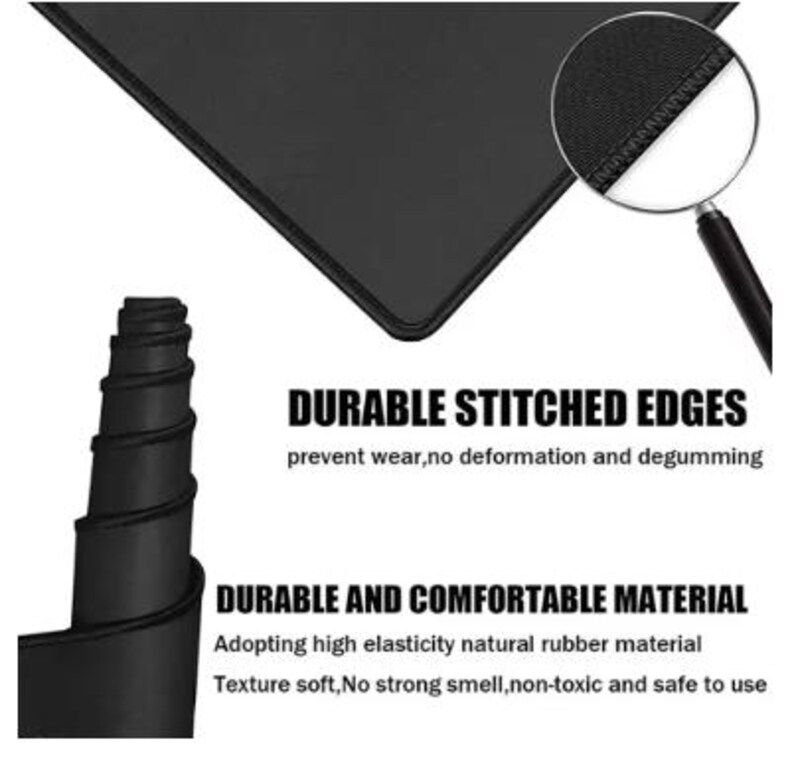 May include: Black rectangular mouse pad with stitched edges. The image shows a close-up of the edge stitching and a rolled-up section of the pad. Text on the image reads "Durable Stitched Edges" and "Durable and Comfortable Material".
