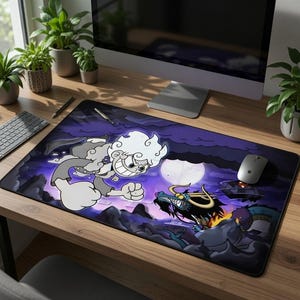 May include: A rectangular mousepad featuring a cartoon illustration of a character with a white cloud-like hairstyle facing a dragon. The background is a purple night sky with a full moon and dark clouds. The mousepad is on a wooden desk.