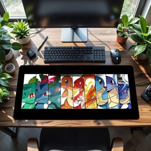 May include: A black rectangular desk mat featuring a colorful graphic of various cartoon characters. The characters are in a row, each in a different color scheme. The mat is on a wooden desk with a computer, keyboard, and mouse.