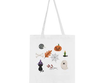 Halloween Cotton Tote Bag | Witch Cat, Pumpkin & Ghost