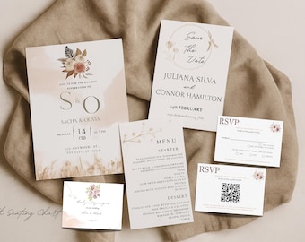 Rustic Floral Wedding Invitation Set | Boho Minimalist (Digital Download)