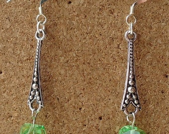 Green Crystal and Silver Long Dangle Earrings