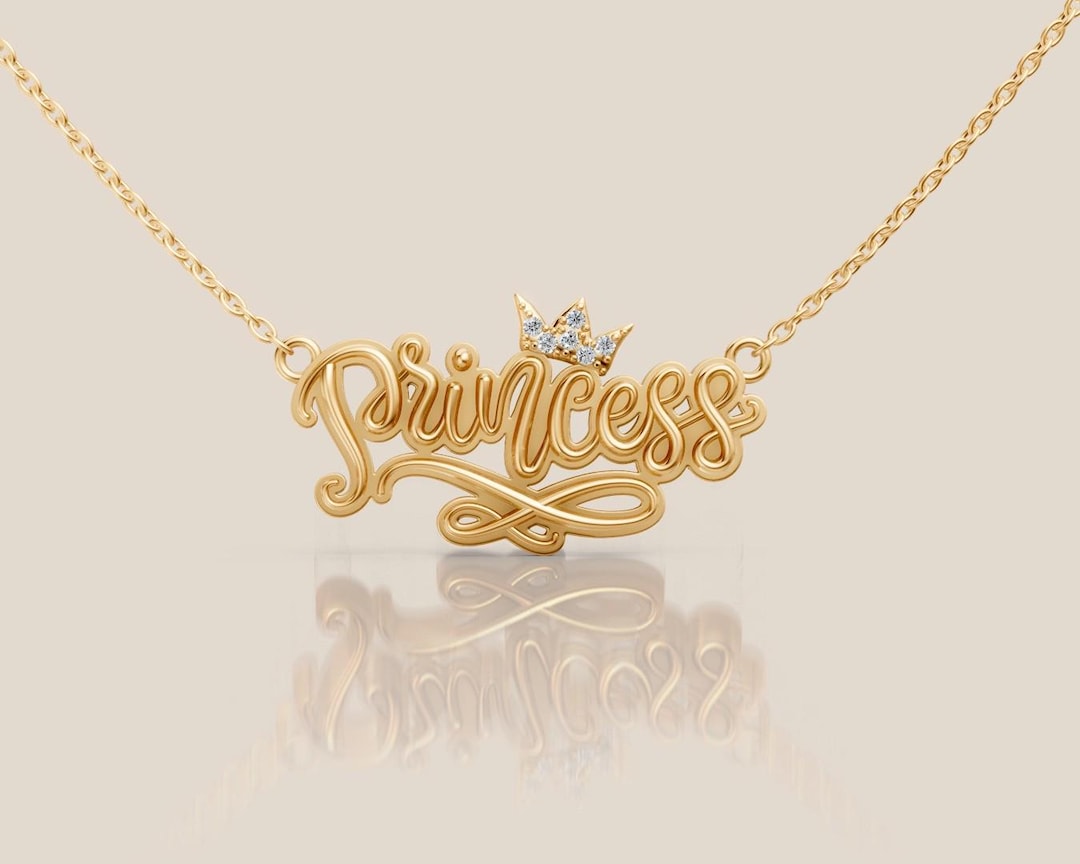 14K Solid Gold Personalized Custom, Diamond Crown Princess Necklace ...