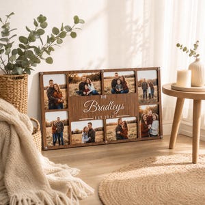 May include: A rectangular wooden photo collage frame featuring six individual picture slots and a central engraved section with the text The Bradleys EST. 2012. The frame is secured with silver-toned metal hardware at the corners and edges.