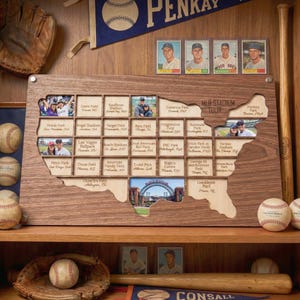 Puede incluir: Mapa de madera del MLB Stadium Tour con fotos de varios estadios de béisbol. El mapa tiene la forma de los Estados Unidos e incluye tarjetas de béisbol, pelotas de béisbol, un bate y un guante de béisbol.