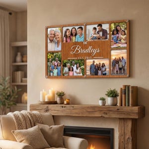 Pode incluir: Uma colagem de fotos de família em madeira com várias aberturas retangulares. A seção central apresenta o nome "The Bradleys" e "EST. 2012" em uma fonte decorativa. A colagem é montada em uma parede, exibindo fotos de família.