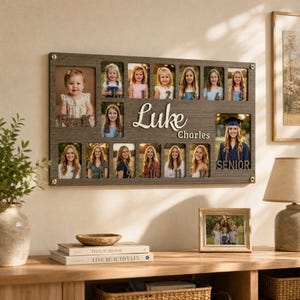 May include: A rectangular dark wood photo collage frame featuring the name Luke Charles in white script. The frame displays thirteen individual portraits of a child from preschool through senior year, with labels for each grade level from PreK to 12.