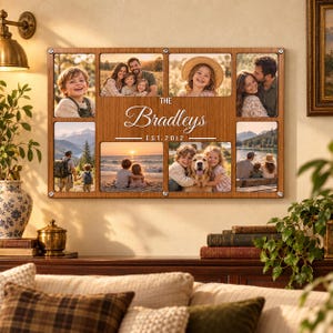 May include: A rectangular wooden photo collage frame featuring seven distinct picture slots. The center panel displays the text "THE Bradleys EST. 2012" in white script and sans-serif font. The frame is secured with four silver metal bolts at the corners.