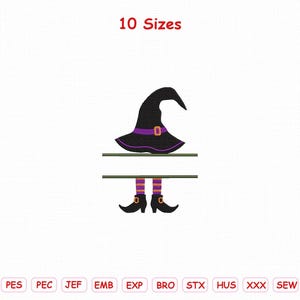 May include: An embroidery design featuring a black witch hat with a purple band and buckle, a horizontal split line, and a pair of legs wearing purple and black striped stockings with black buckled shoes. The text 10 Sizes is at the top.