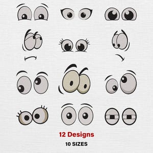 Peut inclure: Une collection de 12 modèles d'yeux de dessins animés de différents styles, ouverts, fermés et expressifs. Les yeux sont noirs, blancs et beiges. Le texte en bas indique "12 Designs" et "10 SIZES".