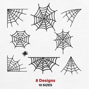 May include: A collection of black spiderweb designs in various shapes and sizes, including corner webs, circular webs, and triangular webs. A small spider is also included. The text "8 Designs 10 Sizes" is displayed in red.